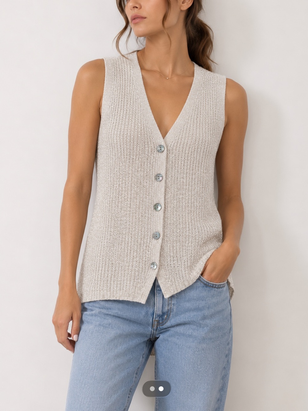 Zara Button Front Sweater Vest Sleeveless Cardigan Coastal Grandmother Cream L